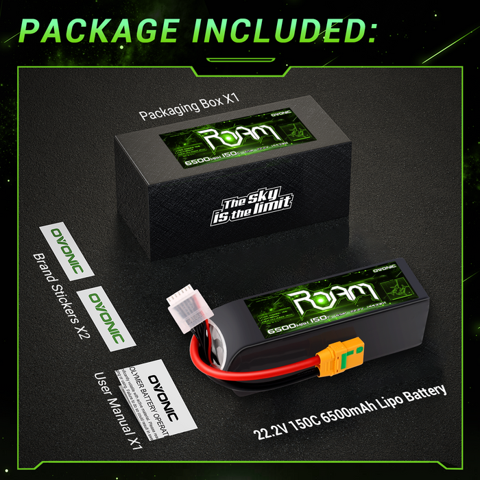 Ovonic Roam Series 6S Lipo Battery 6500mAh 6S1P 150C 22.2V Long Range Lipo Battery with XT90-S Anti Spark Plug for 6-10 Inch Long Range Cenilifter Multirotor X-Class