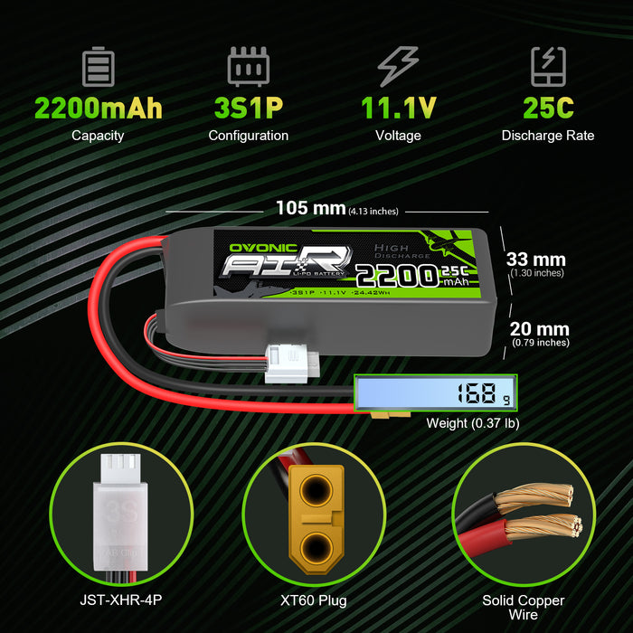 Ovonic 11.1 V 25C 2200mAh 3S1P 11.1V XT60 Plug Lipo Battery with D15 Dual 1.2A 1-3S LiPo Charger - Ovonicshop