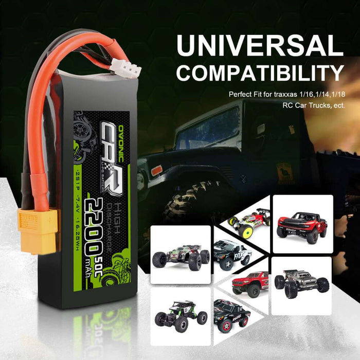 OVONIC 7.4V 2200mAh 2S 50C LiPo Battery with XT60 & Trx Plug for 1/16 1/18 Traxxas Cars
