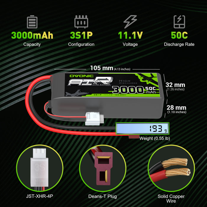 (Pre-Sale) 2x Ovonic 11.1V 3000mAh 3S 50C Shorty LiPo Battery Pack with T Plug for Drone Airplane Heli Car