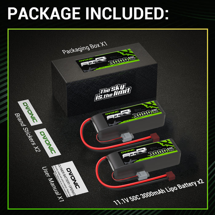 (Pre-Sale) 2x Ovonic 11.1V 3000mAh 3S 50C Shorty LiPo Battery Pack with T Plug for Drone Airplane Heli Car