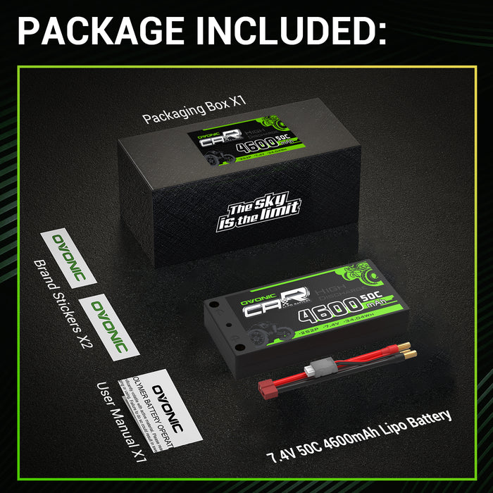 Ovonic 2S 4600mAh 7.4V 50C Hardcase Short LiPo Battery with 4mm Bullet to T/Deans for 1/10 RC Buggy - Ovonicshop