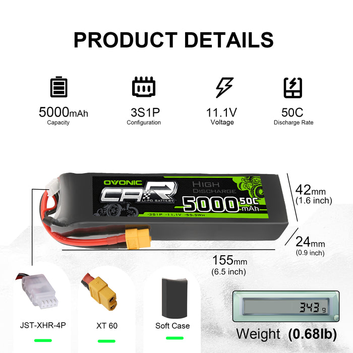 OVONIC 50C 11.1V 3S 5000mAh LiPo Battery with XT60 & Trx Plug for Slash/E-Revo/UDR/X-Maxx