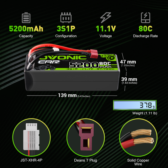 2X OVONIC 11.1V 80C 5200mAh 3S Lipo Battery T Plug for RC Car Truck Heli Airplane
