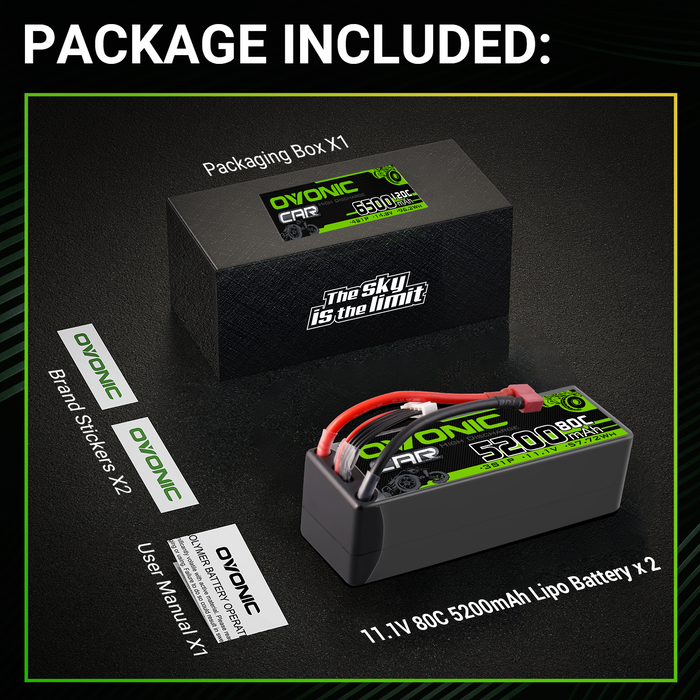 2X OVONIC 11.1V 80C 5200mAh 3S Lipo Battery T Plug for RC Car Truck Heli Airplane