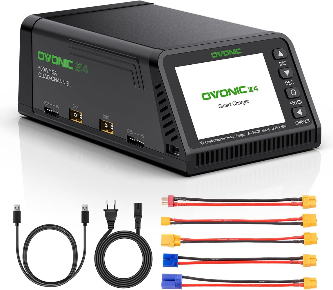 Ovonic X4 AC500W 4 Channel Smart LiPo Battery Charger 15A Per Channel RC Car FPV Drone Multi Battery Charger with 3.5 Inch IPS Display for 1S to 6S LiPo and 3S to 18S NiMH - Ovonicshop