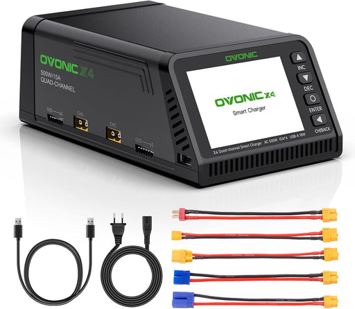 Ovonic X4 AC500W 4 Channel Smart LiPo Battery Charger 15A Per Channel RC Car FPV Drone Multi Battery Charger with 3.5 Inch IPS Display for 1S to 6S LiPo and 3S to 18S NiMH