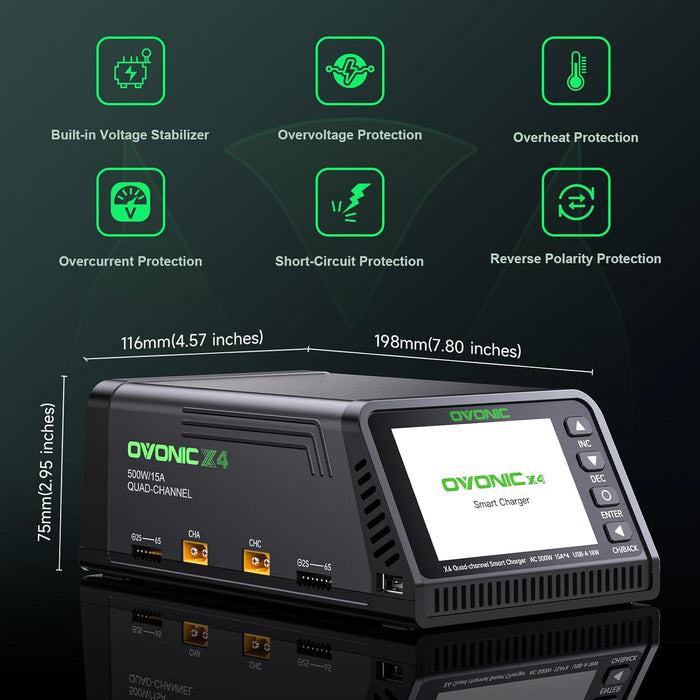 Ovonic X4 AC500W 4 Channel Smart LiPo Battery Charger 15A Per Channel RC Car FPV Drone Multi Battery Charger with 3.5 Inch IPS Display for 1S to 6S LiPo and 3S to 18S NiMH - Ovonicshop
