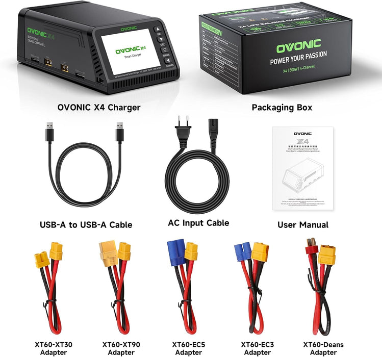 Ovonic X4 AC500W 4 Channel Smart LiPo Battery Charger 15A Per Channel RC Car FPV Drone Multi Battery Charger with 3.5 Inch IPS Display for 1S to 6S LiPo and 3S to 18S NiMH - Ovonicshop