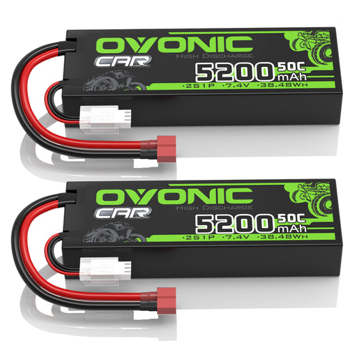 2x OVONIC 5200mAh 2S 7.4V 50C Hardcase Lipo Batteries Pack for 1:8 1:10 RC Car - T plug