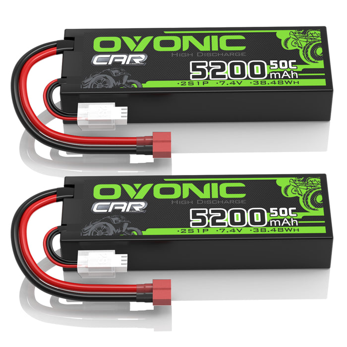2x OVONIC 5200mAh 2S 7.4V 50C Hardcase Lipo Batteries Pack for 1:8 1:10 RC Car - T plug - Ovonicshop
