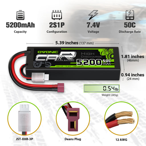 2x OVONIC 5200mAh 2S 7.4V 50C Hardcase Lipo Batteries Pack for 1:8 1:10 RC Car - T plug