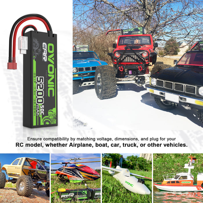 2x OVONIC 5200mAh 2S 7.4V 50C Hardcase Lipo Batteries Pack for 1:8 1:10 RC Car - T plug - Ovonicshop