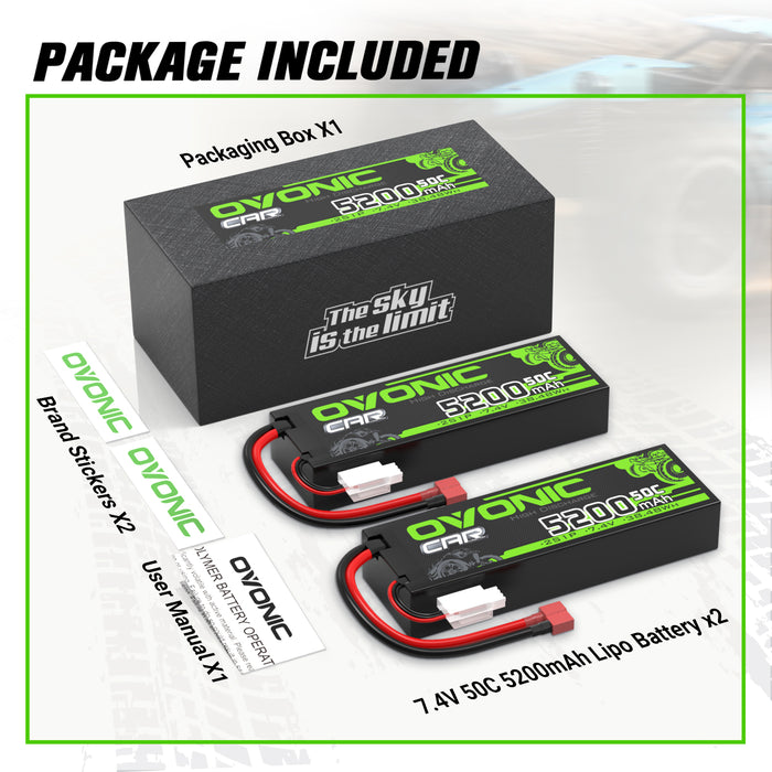 2x OVONIC 5200mAh 2S 7.4V 50C Hardcase Lipo Batteries Pack for 1:8 1:10 RC Car - T plug - Ovonicshop