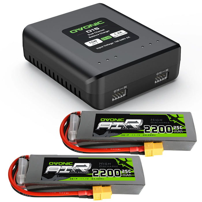 Ovonic 11.1 V 25C 2200mAh 3S1P 11.1V XT60 Plug Lipo Battery with D15 Dual 1.2A 1-3S LiPo Charger - Ovonicshop