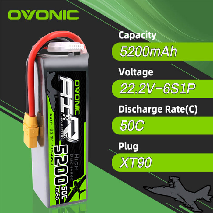 Ovonic 5200mAh 6S 22.2V 50C LiPo Battery Pack with XT90 Plug for X-Class Drone Airplane & Arrma 6S Truck - Ovonicshop