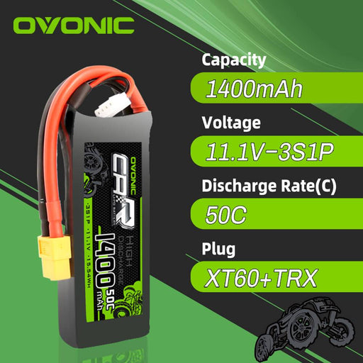 OVONIC 11.1V 1400mAh 3S 50C LiPo Battery with XT60 & Trx Plug for 1/16 Traxxas Cars - Ovonicshop