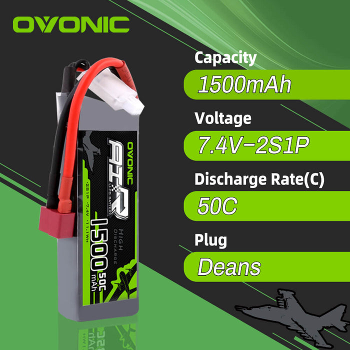 Ovonic 50C 7.4V 2S 1500mAh LiPo Battery Pack with T Plug