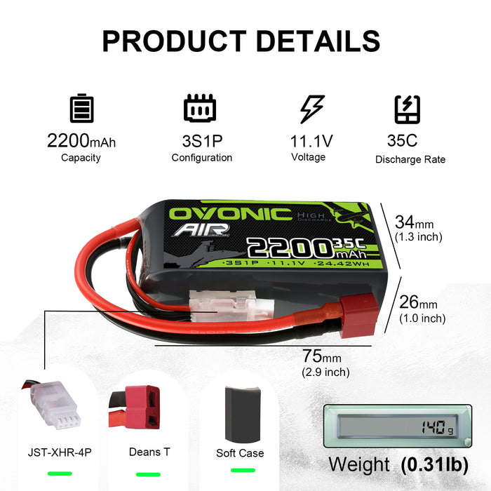 OVONIC 3S Lipo Battery 11.1V 2200mAh 120C - 2 Pack With XT60 Plug For RC Cars & Drones