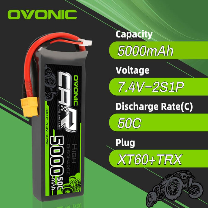 OVONIC 7.4V 5000mAh 2S 50C LiPo Battery with XT60 & Trx Plug for RC Car Trucks - Ovonicshop