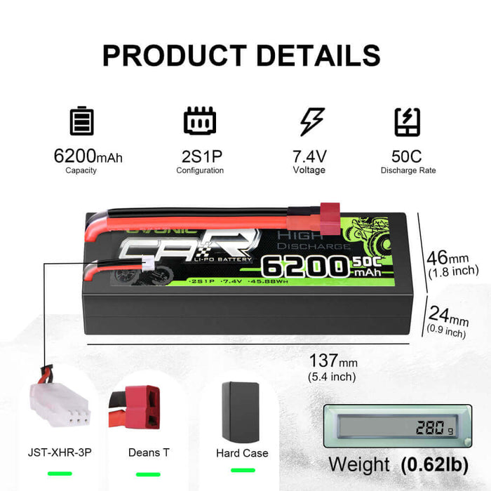 [2pcs] Ovonic 6200mAh 2S 50C 7.4V LiPo Battery Pack for 1:8 1:10 RC Car - T Plug - Ovonicshop