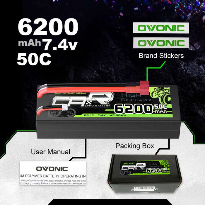 [2pcs] Ovonic 6200mAh 2S 50C 7.4V LiPo Battery Pack for 1:8 1:10 RC Car - T Plug