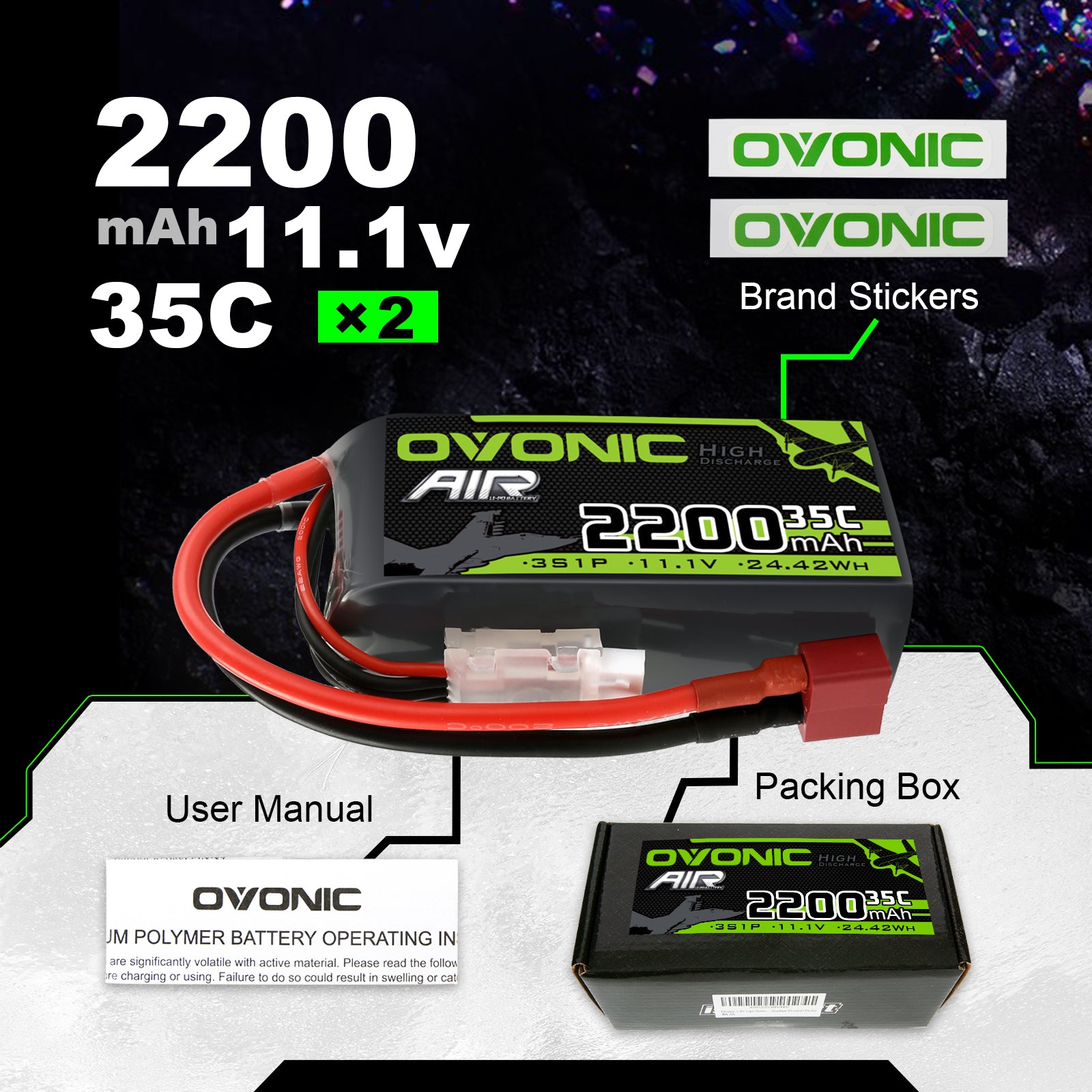 OVONIC Lipo-accu 7,4 V 120 C 2200 mAh accu, shorty pack met OVONIC Lipo-accu 7,4 V 120 C 2200 mAh accu, shorty pack met