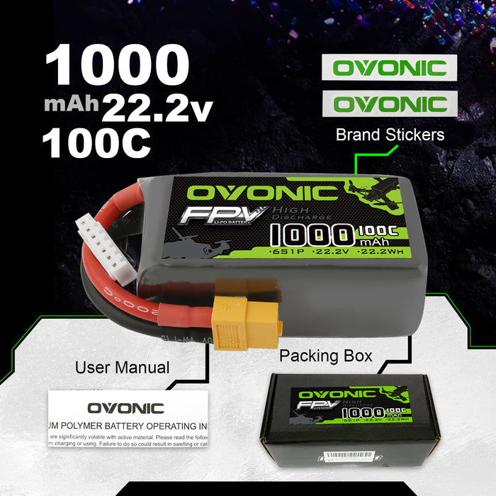 4Packs Ovonic 22.2V 6S 100C 1000mAh LiPo Battery with XT60 Plug for FPV