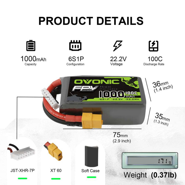 4Packs Ovonic 22.2V 6S 100C 1000mAh LiPo Battery with XT60 Plug for FPV