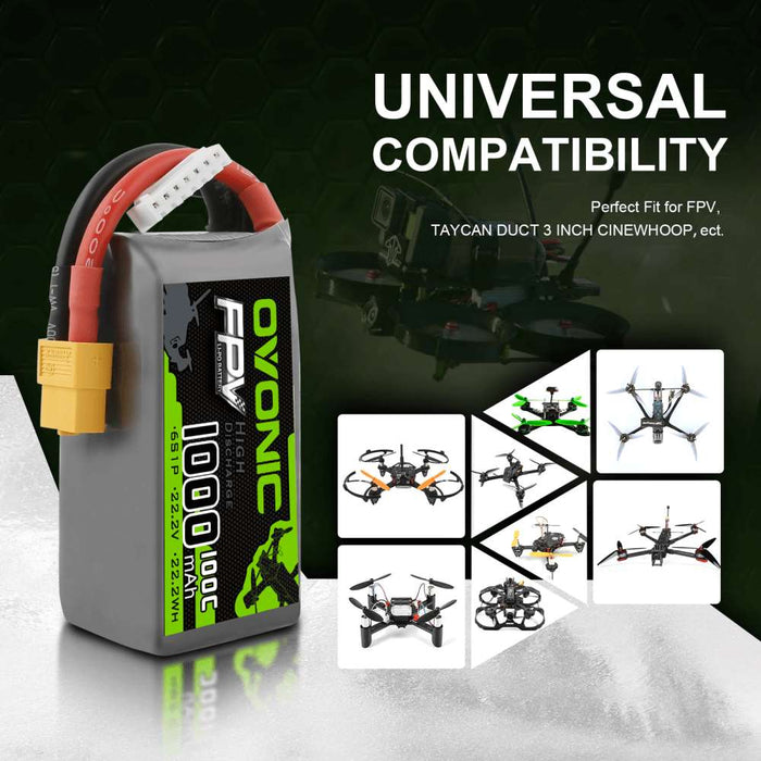 4Packs Ovonic 22.2V 6S 100C 1000mAh LiPo Battery with XT60 Plug for FPV