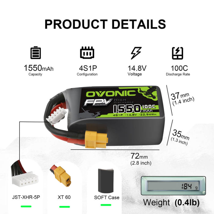 OVONIC 1550mAh 4S 14.8V 100C LiPo Battery with XT60 Plug for 5'' 6''FPV drone - Ovonicshop