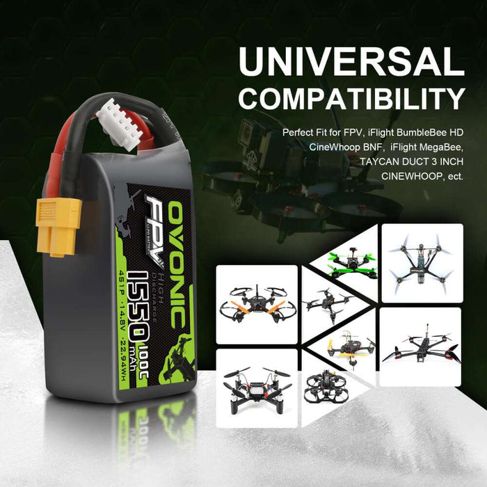 OVONIC 1550mAh 4S 14.8V 100C LiPo Battery with XT60 Plug for 5'' 6''FPV drone