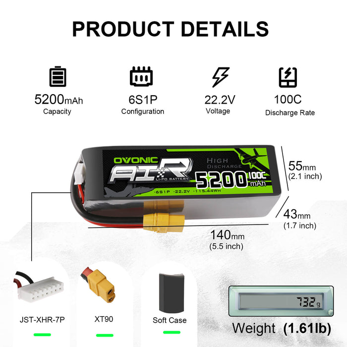 OVONIC 22.2V 5200mAh 6S 100C LiPo with XT90 & AS150 Plug for X-Class Cinelifter