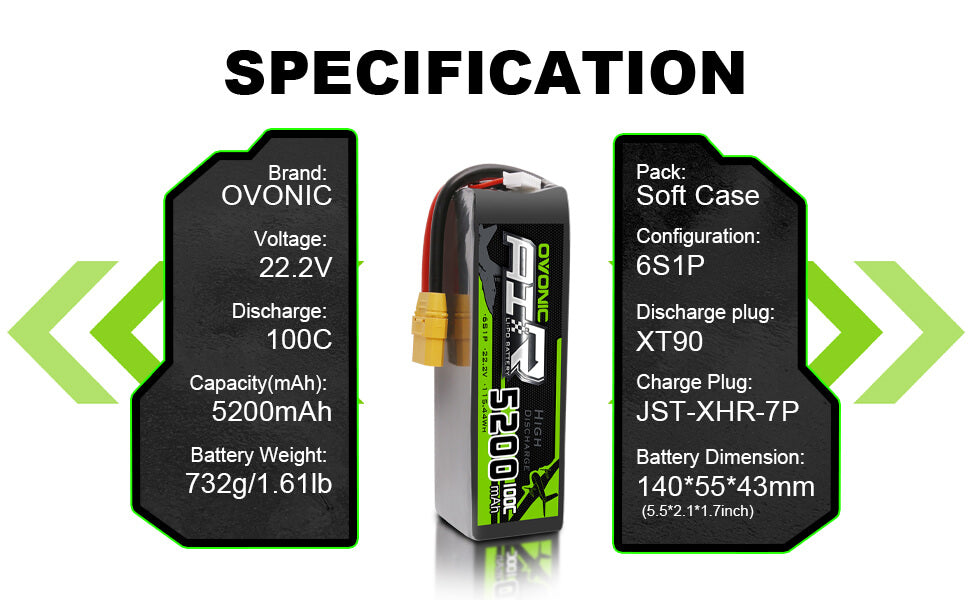 OVONIC 22.2V 5200mAh 6S 100C LiPo with XT90 & AS150 Plug for X-Class Cinelifter