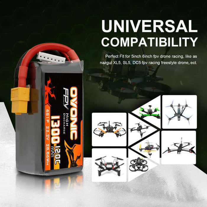 Ovonic 120C 6S 1300mAh 22.2V LiPo Battery Pack for FPV Racing - XT60 Plug