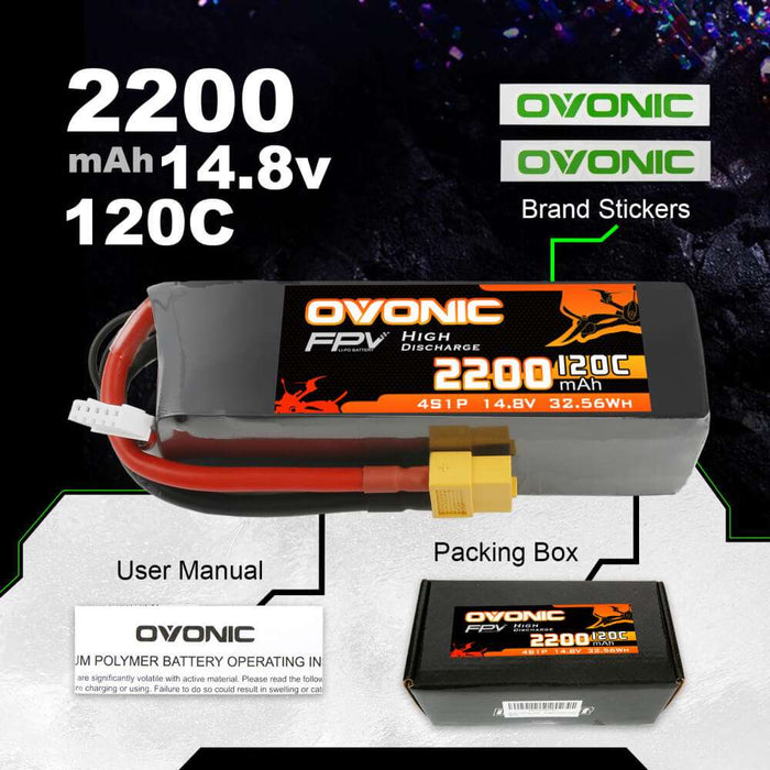 Ovonic 120C 4S 2200mAh 14.8V LiPo Battery Pack for FPV RC Aircraft - XT60 Plug