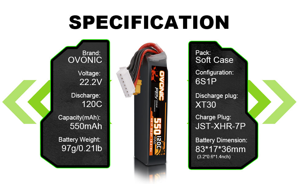 Ovonic 120C 22.2V 6S 550mAh XT30 LiPo Battery for Cinewhoops