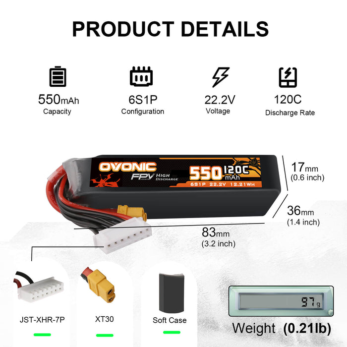Ovonic 120C 22.2V 6S 550mAh XT30 LiPo Battery for Cinewhoops