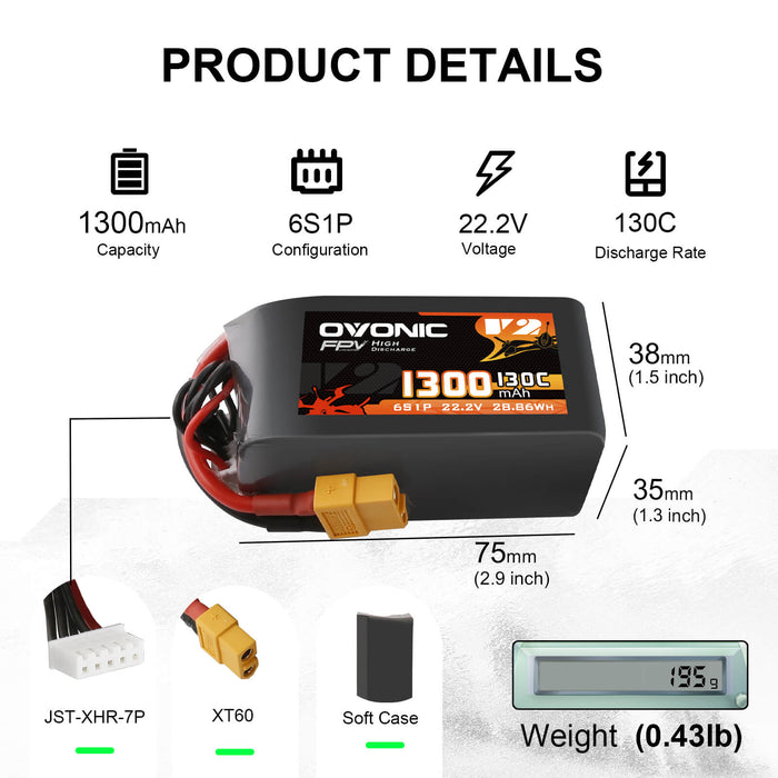 Ovonic 130C 22.2V 6S 1300mAh XT60 LiPo Battery for FPV Racing
