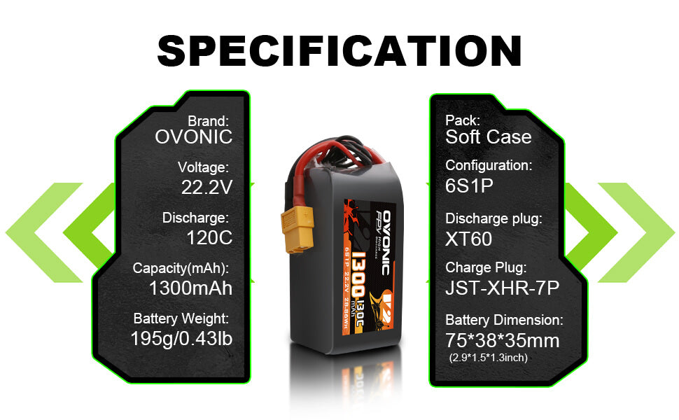 Ovonic 130C 22.2V 6S 1300mAh XT60 LiPo Battery for FPV Racing