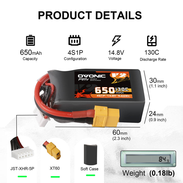 Ovonic 130C 14.8V 4S 650mAh LiPo Battery for FPV - XT60 Plug