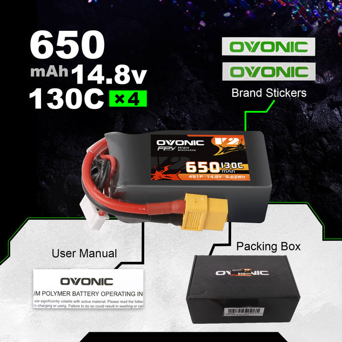 Ovonic 130C 14.8V 4S 650mAh LiPo Battery for FPV - XT60 Plug