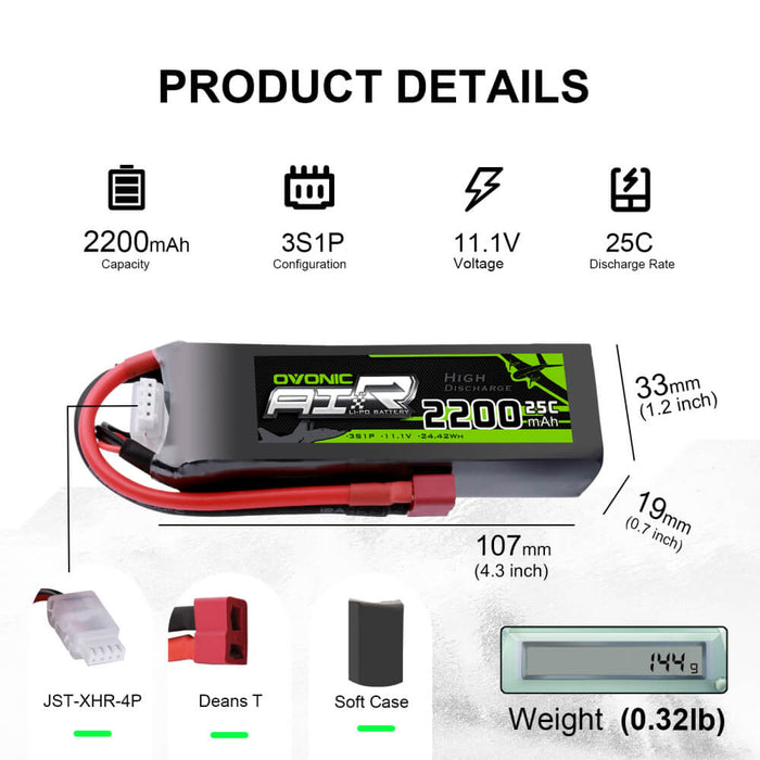 OVONIC 2200mAh 11.1V 3S 25C Battery with XT60 / T Connector for RC Boat Airplane Heli - Ovonicshop