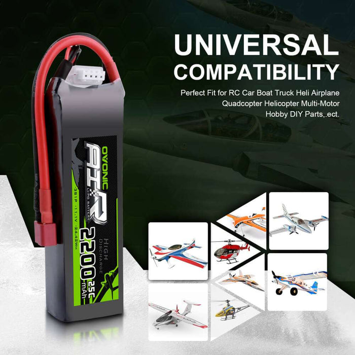 OVONIC 2200mAh 11.1V 3S 25C Battery with XT60 / T Connector for RC Boat Airplane Heli