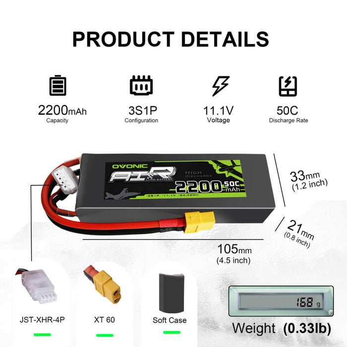 Ovonic 50C 11.1V 2200mAh 3S LiPo Battery Pack with T/ XT60 for Quad RC Airplane Heli Crawler - Ovonicshop