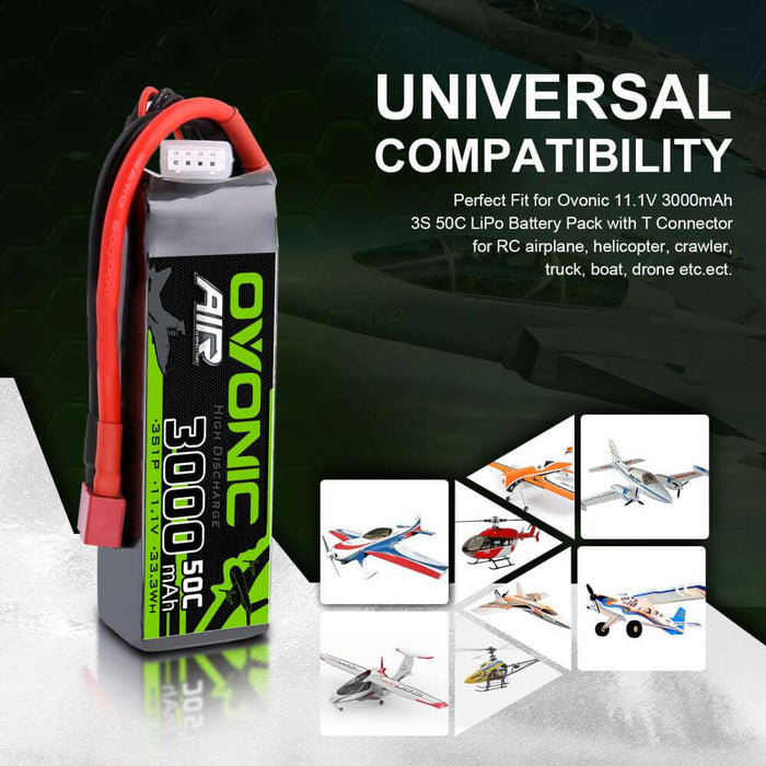 Ovonic 11.1V 3000mAh 3S 50C LiPo Battery Pack with T Plug for Drone Airplane Heli Car