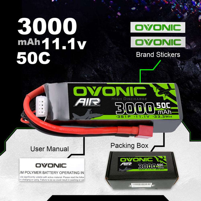 Ovonic 11.1V 3000mAh 3S 50C LiPo Battery Pack with T Plug for Drone Airplane Heli Car
