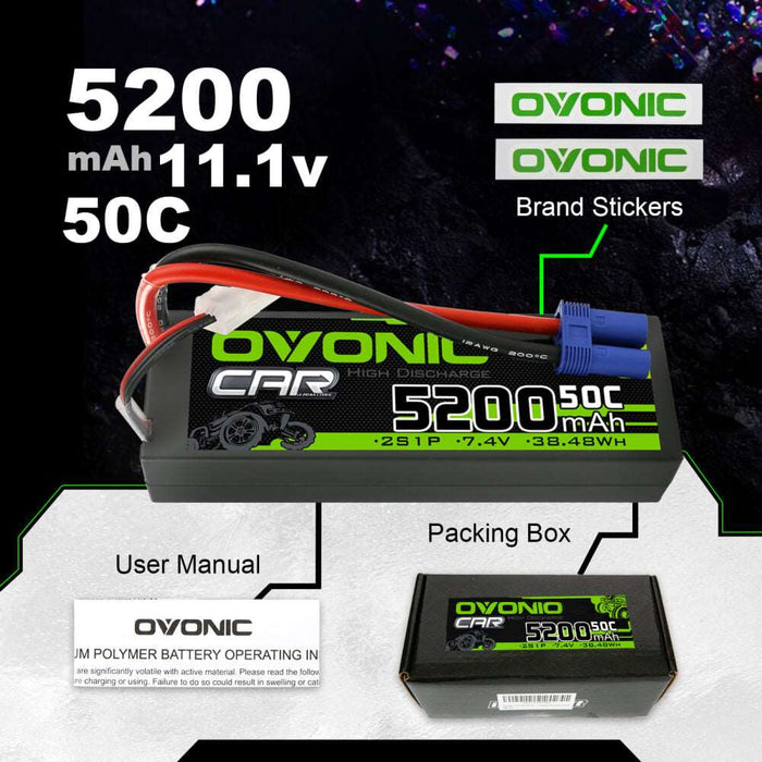 Ovonic 2S 5200mAh 50C 7.4V Hardcase LiPo Battery for 1/10 ARRMA Car- EC5 Plug