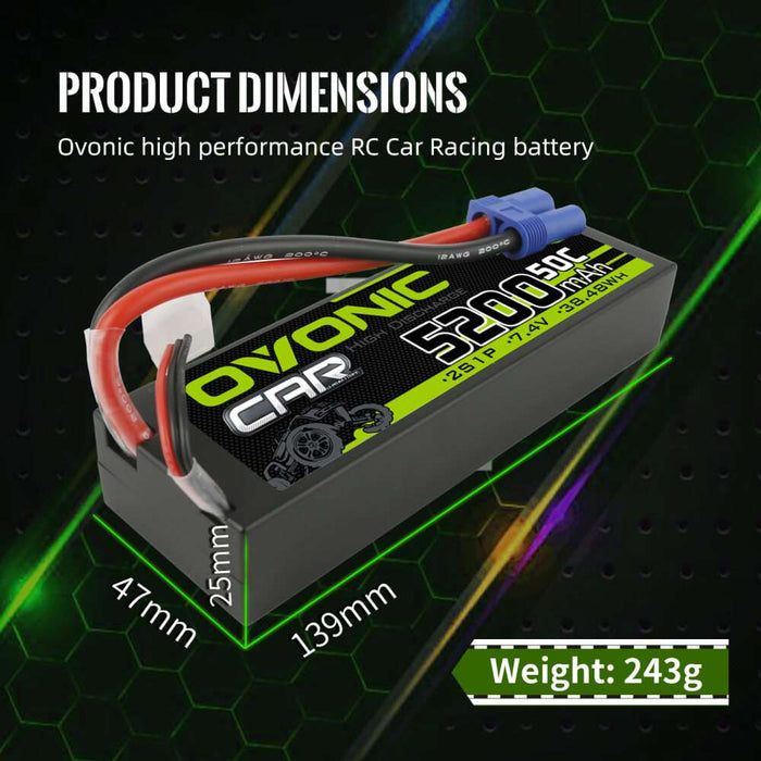 Ovonic 2S 5200mAh 50C 7.4V Hardcase LiPo Battery for 1/10 ARRMA Car- EC5 Plug