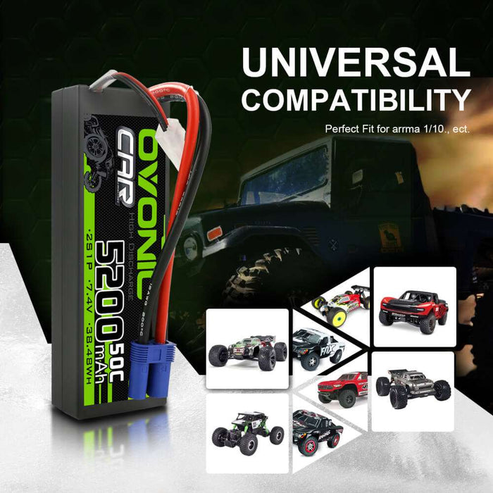 Ovonic 2S 5200mAh 50C 7.4V Hardcase LiPo Battery for 1/10 ARRMA Car- EC5 Plug
